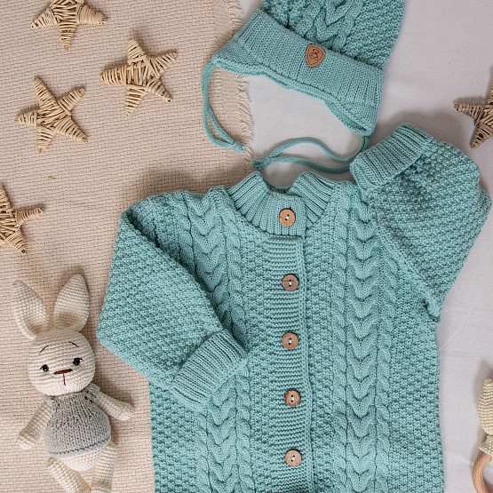 Комплект вязаный. Комбинезон с шапочкой и пинетками арт.КД-204