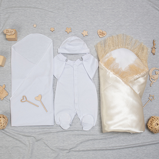 №170 Комплект-конверт на выписку для новорожденного "МАРКИЗА", молочный