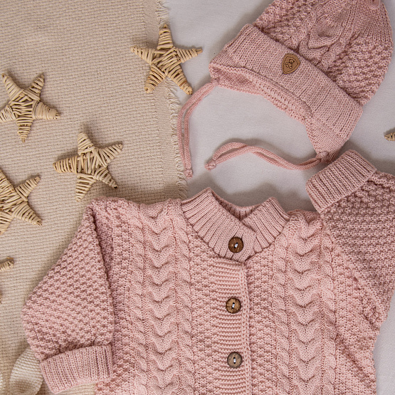 Комплект вязаный. Комбинезон с шапочкой и пинетками арт.КД-204