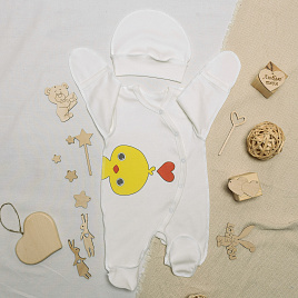 №М-497 Комбинезон с шапочкой на кнопках с принтом цыпленок