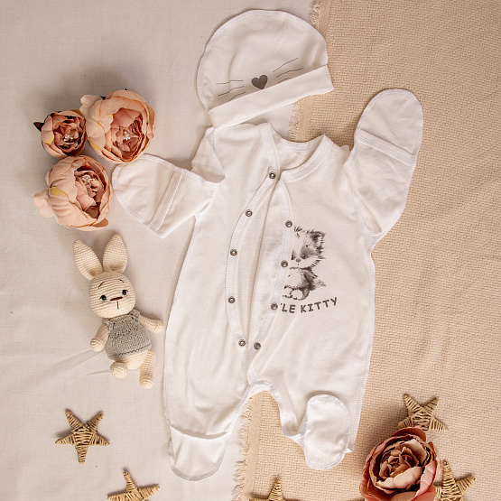 М-507 Комбинезон с принтом котик и шапочкой, кулирка