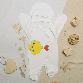 №М-497 Комбинезон с шапочкой на кнопках с принтом цыпленок