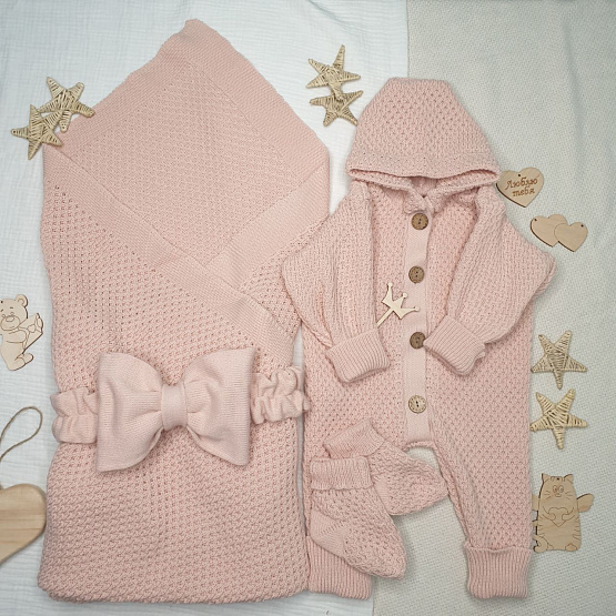 Арт. КВ-102 Вязанный комплект на выписку, пудра