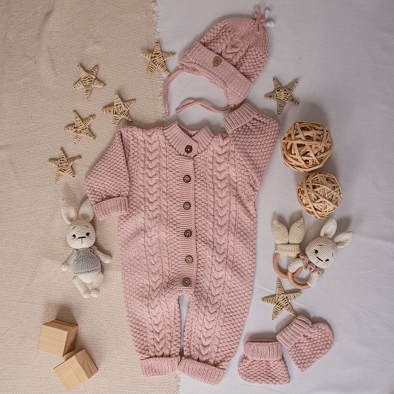 Комплект вязаный. Комбинезон с шапочкой и пинетками арт.КД-204