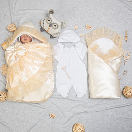 №170 Комплект-конверт на выписку для новорожденного "МАРКИЗА", молочный 