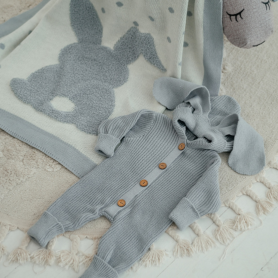 Пв-37, плед вязаный "зайка" серый, полушерсть