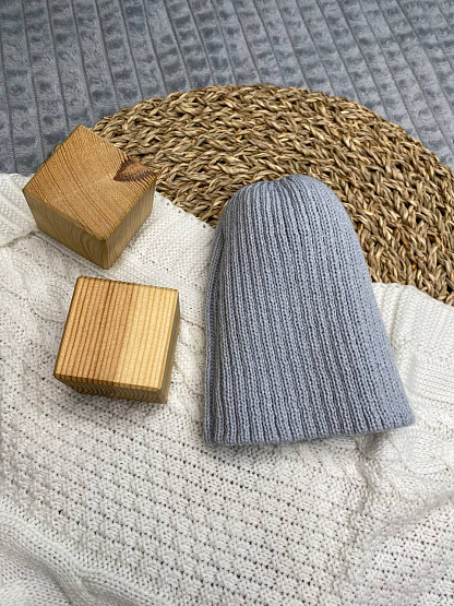 Б-299 Шапочка детская в стиле "Бини". вязаная. полушерсть, серая