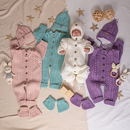 Комплект вязаный. Комбинезон с шапочкой и пинетками арт.КД-204
