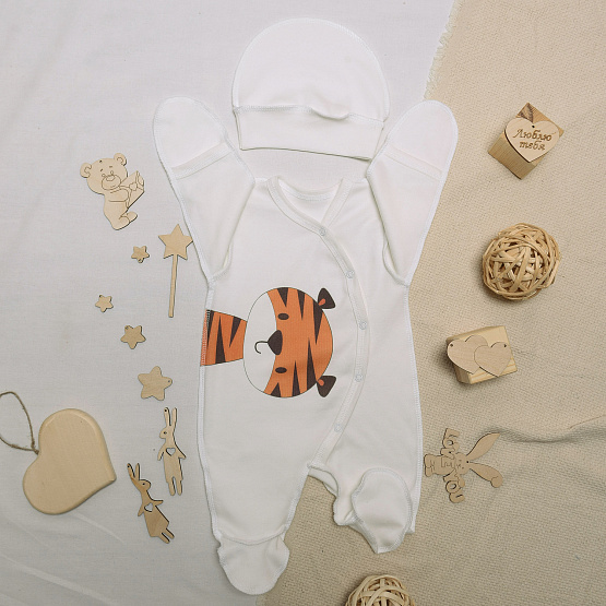 №М-497 Комбинезон с шапочкой на кнопках с принтом тигр