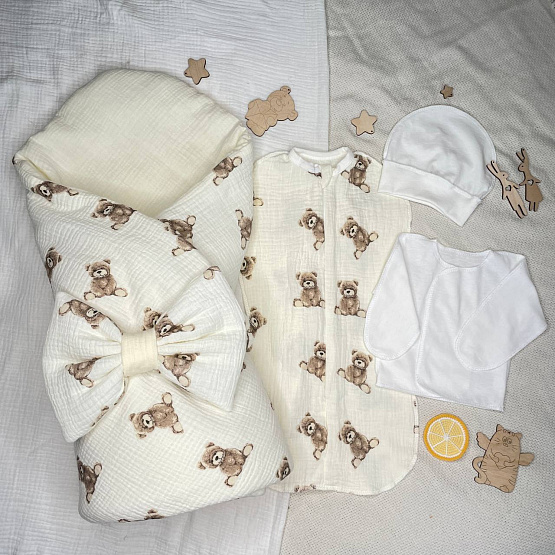 Арт. 465 Комплект на выписку Шоколадный Мишка, муслин